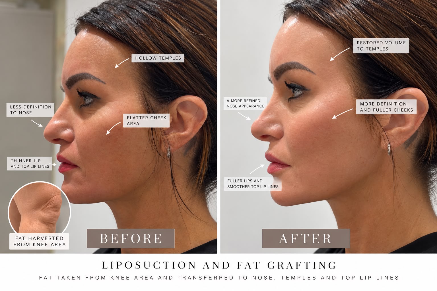 Becky Colwill in profile before and after her own liposuction and fat grafting, with labels marking the temples, cheek, nose and upper lip